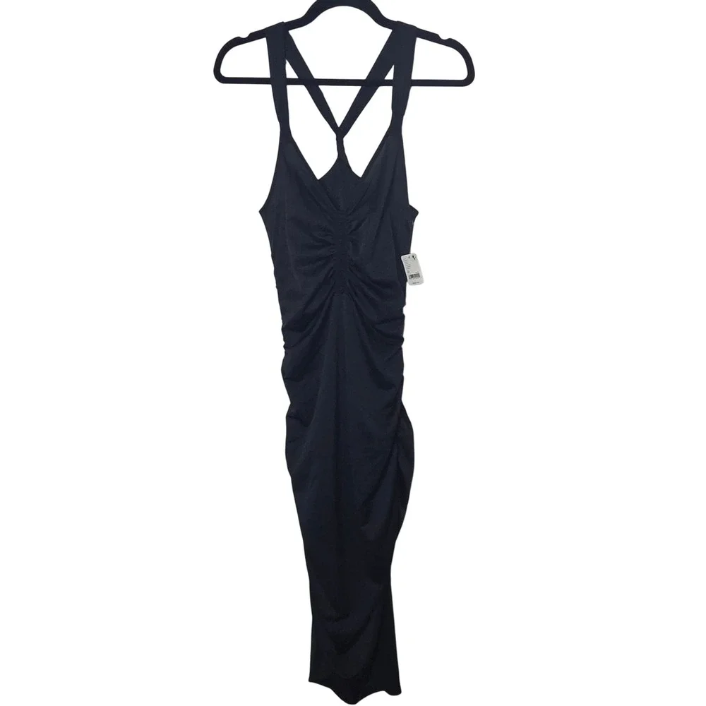 Free‎ People Intimately Ruched Midi Dress Black Spaghetti Strap V Neck